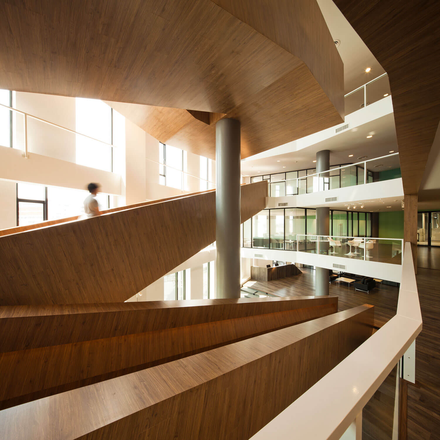 Modern corporate office interior with warm wood finishes