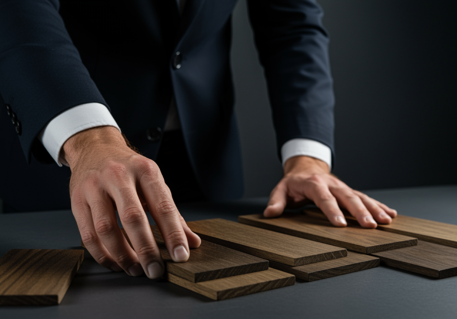 Hands arranging wood samples for corporate governance planning