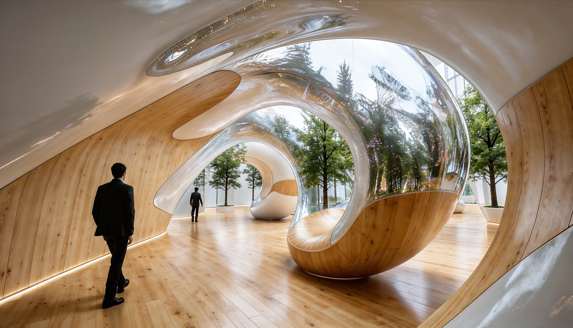 Future-ready engineered wood interior with curved architectural forms