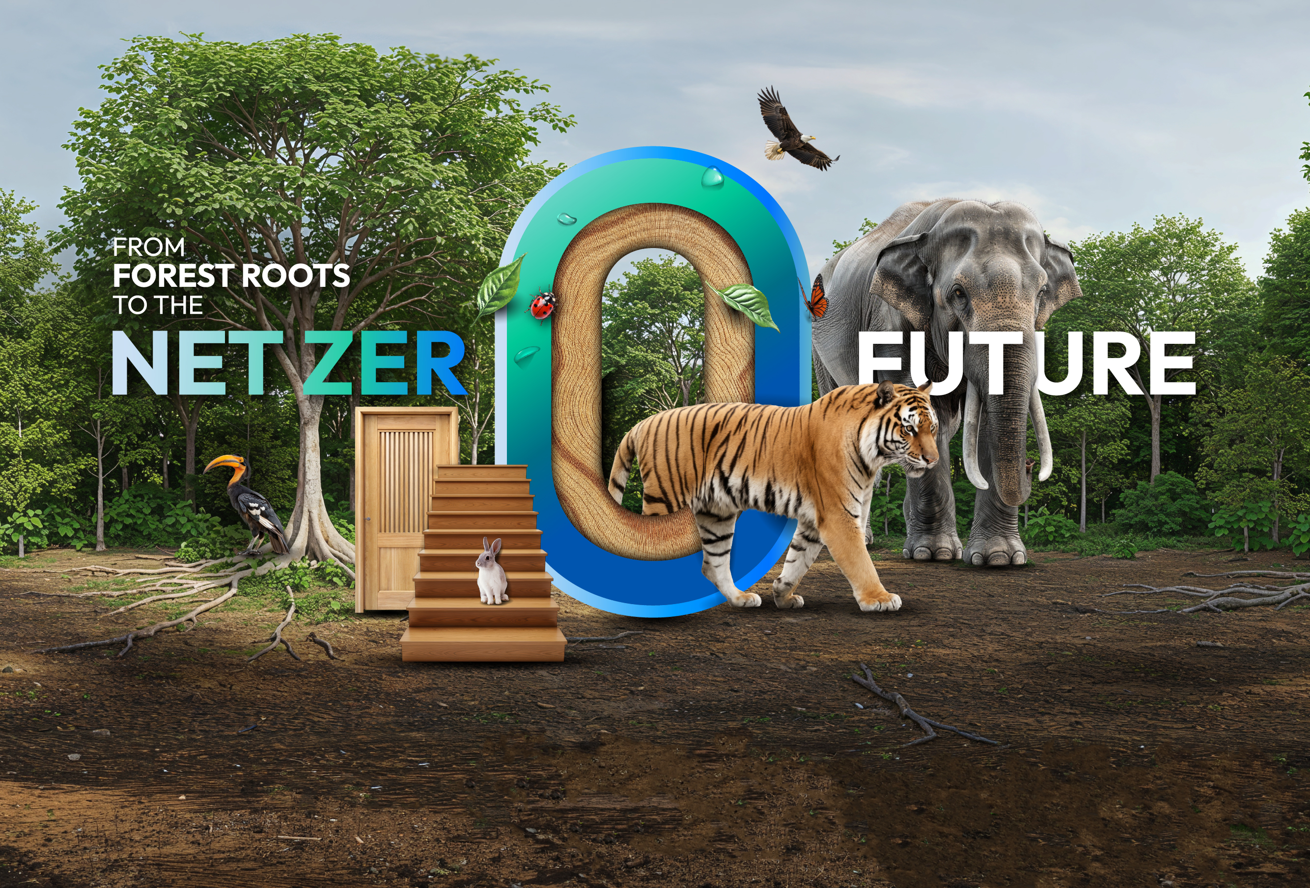 From forest roots to the Net Zero future sustainability illustration