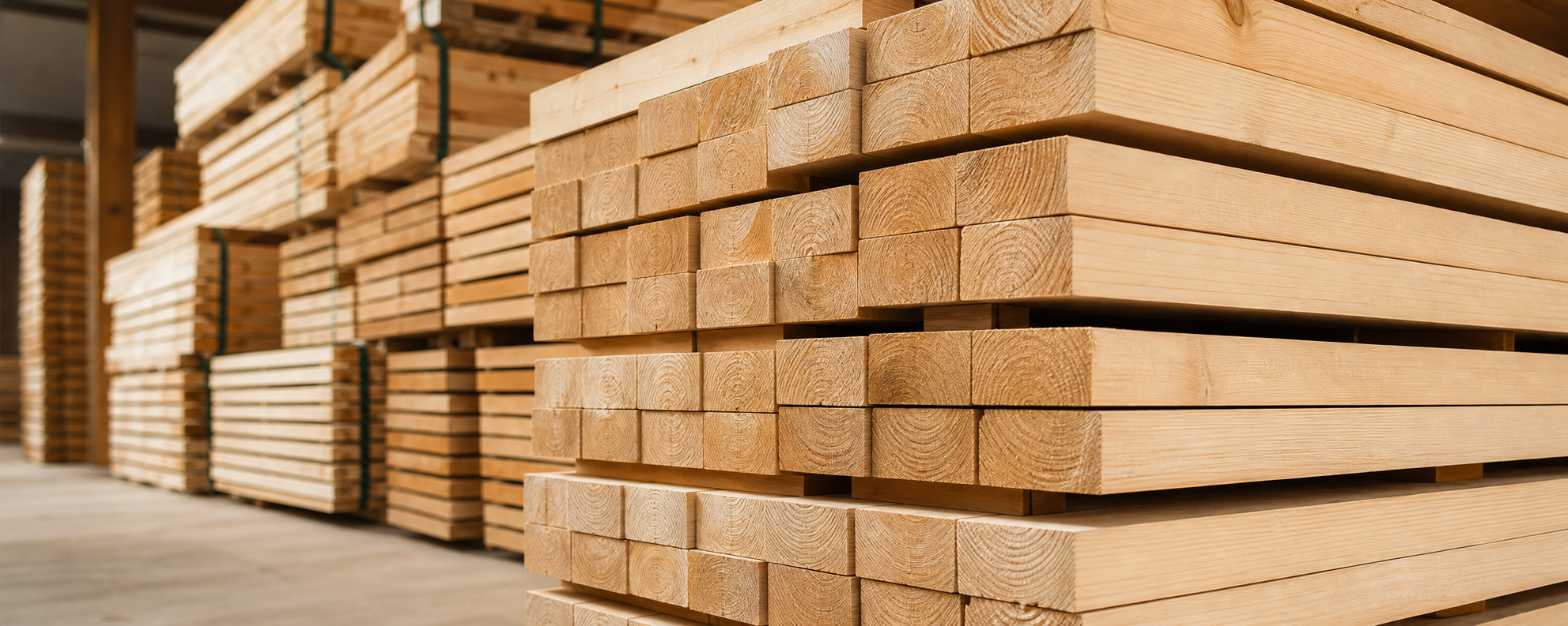 Stacked sawn lumber in a warehouse