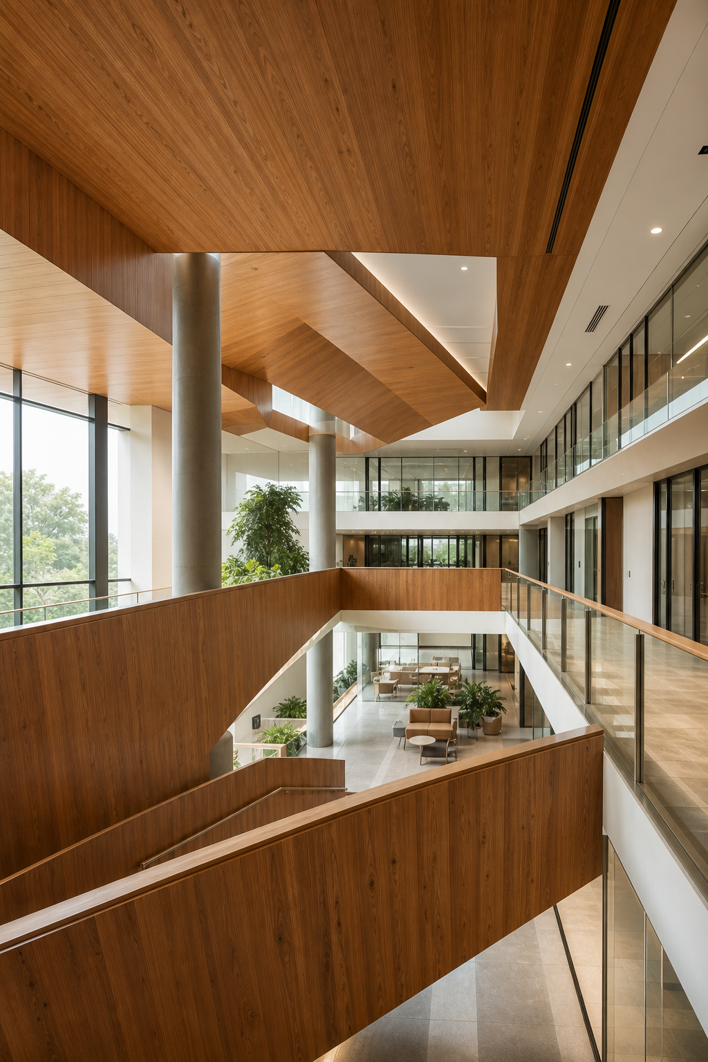 Modern corporate office interior with warm wood finishes