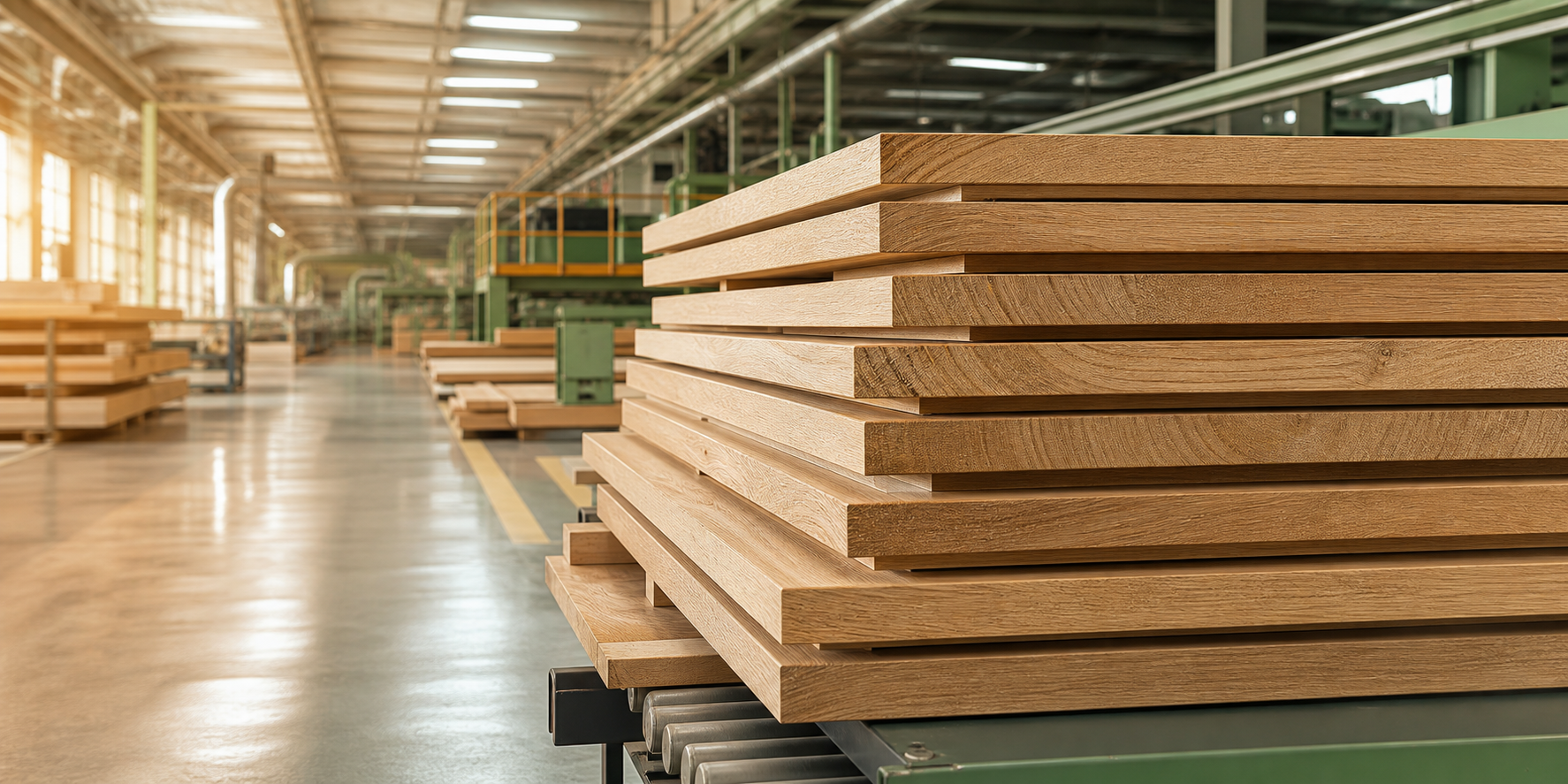 Premium finished wood boards in a clean manufacturing environment