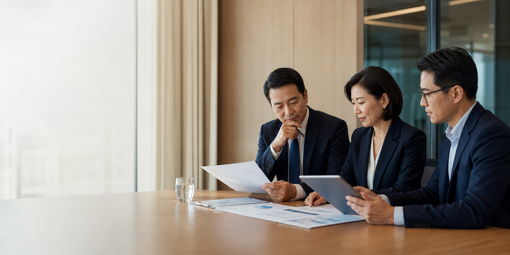 Business professionals reviewing investor materials in a meeting room